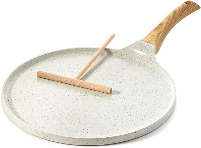 Nonstick Crepe Pan with Spreader, 10-Inch Natural Ceramic Coating Dosa Pan Pancake Flat Skillet Tawa Griddle with Stay-Cool Handle, Induction Compatible (White)